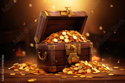 Wooden Chest and Bag with Golden Coins, Gold Treasures Collection for Game or Lottery Concept