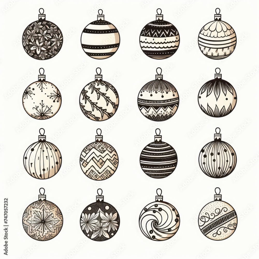 Fototapeta premium Hand Drawn Christmas Ball Collection Isolated on White Background, New Year Balls Sketch