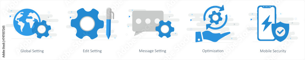 A set of 5 Mix icons as global setting, edit setting, message setting A set of 5 Mix icons as global setting, edit setting, message setting