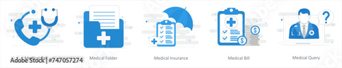 A set of 5 Mix icons as medical call, medical folder, medical insurance