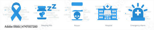 A set of 5 Mix icons as aids, sleeping pills, poison