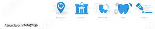 A set of 5 Mix icons as dental location, dental clinic, dental checkup
