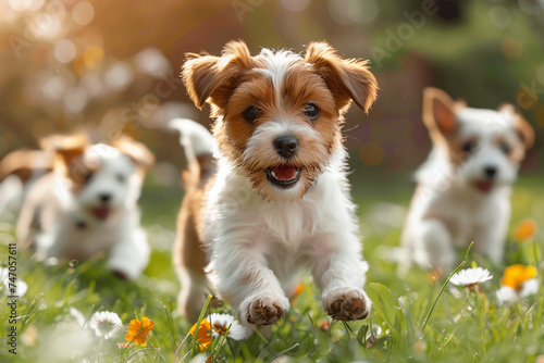 Chiots courant dans l'herbe un jour ensoleillé 