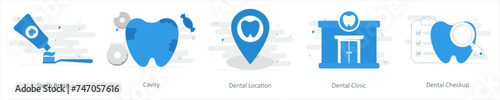 A set of 5 Mix icons as tooth brush, cavity, dental location