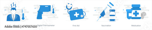 A set of 5 Mix icons as fever, digital thermometer, first aid