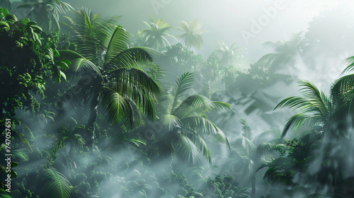 Tropical forest in fog from hill.