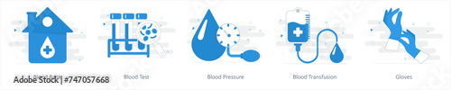 A set of 5 Mix icons as blood bank, blood test, blood pressure