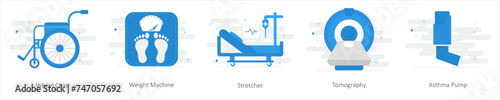 A set of 5 Mix icons as wheel chair, weight machine, stretcher