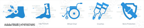 A set of 5 Mix icons as foot pain, leg fracture, wheel chair