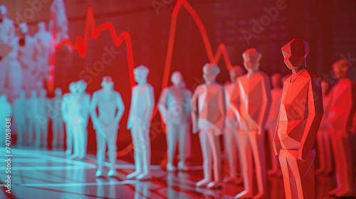 3d rendering of a group of paper mannequins in a row on a background of red diagrams 