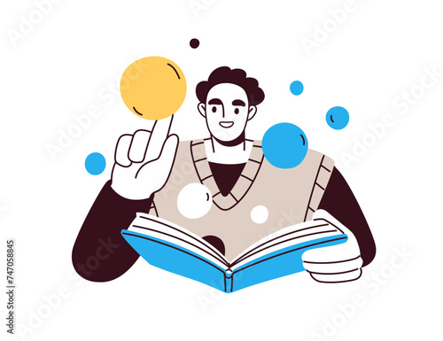 Reading book, studying. Creative education, knowledge concept. Happy man read...
