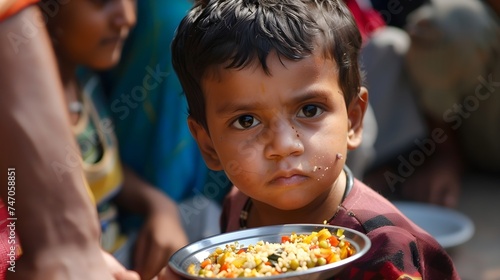 In the image  a small child is holding a bowl of food. The child has a spoon in their mouth and their face is dirty. There are several other people in the background  some of them are blurry. 