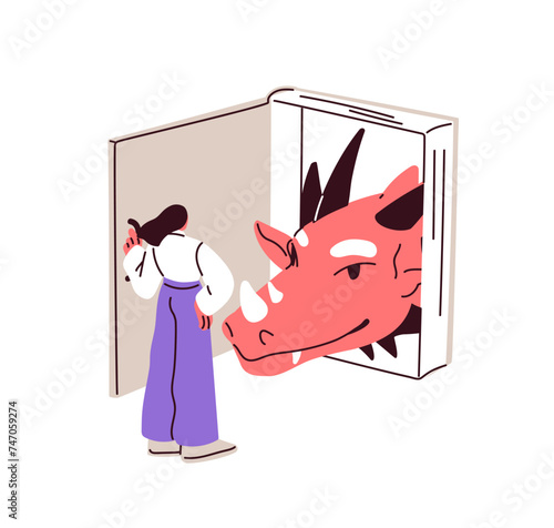 Open fiction book, reading about fancy character, fantastic dragon in fantasy literature, imagining. Readers imagination, dream concept. Flat vector illustration isolated on white background