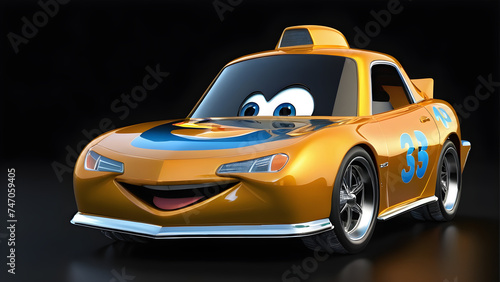 a cartoon character with a happy face funny car speedy on a black background. looking cute, adorable, and joyful. cartoon illustration. trendy style. banner advertising concept. Funny character.