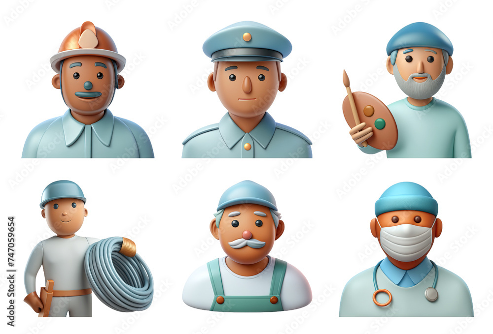 Workers icon set, 3D render style, on white or transparent background.