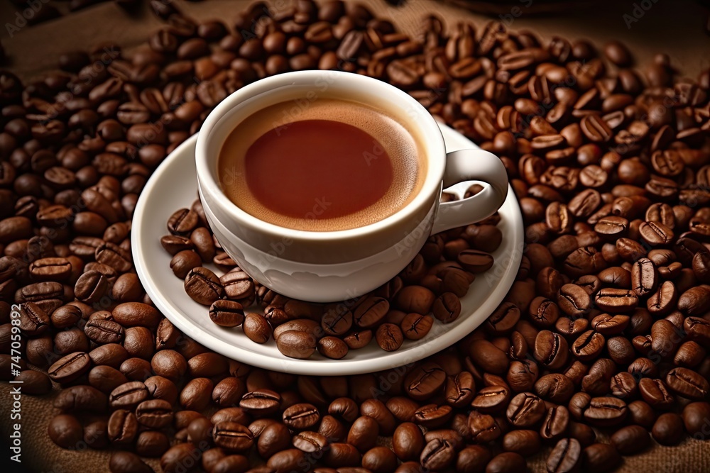 Coffee Cup and Coffee Beans, Espresso Coffeecup on Brown Coffe Grains Background, White Coffee Mug Coffee Cup and Coffee Beans, Espresso Coffeecup on Brown Coffe Grains Background, White Coffee Mug