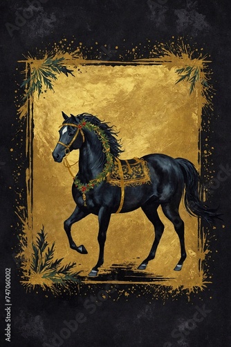vintage black horse card design on golden background  space for text  scrapbook paper