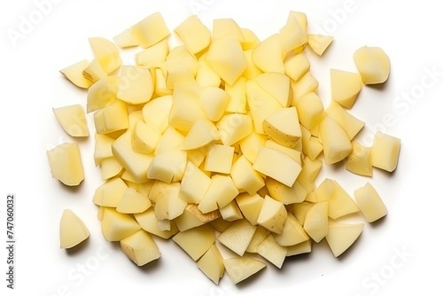 Diced Boiled Potato Pile Isolated, Chopped Potatoes, Cooked Cubed Potato on White