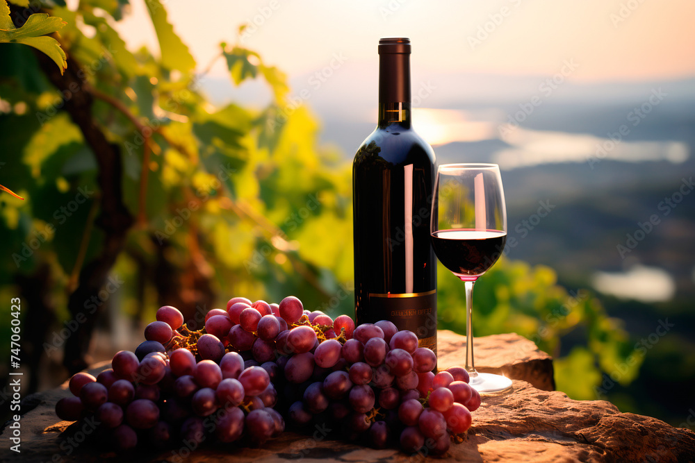 A bottle of red wine with grapes against the backdrop of a beautiful landscape, vineyard, copy space