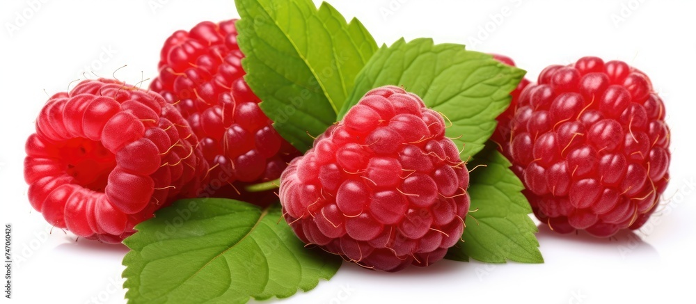 Ripe raspberries arranged on a clean white background, accompanied by green leaves. Ripe raspberries arranged on a clean white background, accompanied by green leaves.