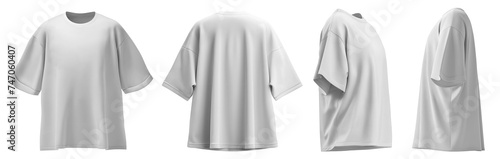 Set of white oversized loose Drop Shoulder tee t shirt round neck front, back and side view on transparent background cutout, PNG file. Mockup template for artwork graphic design.