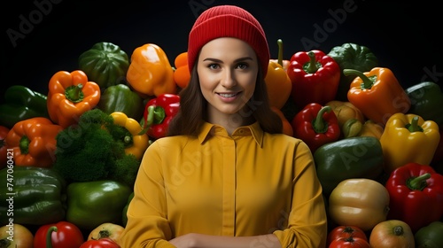 a girl with fruits and vegetables