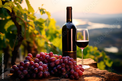 A bottle of red wine with grapes against the backdrop of a beautiful landscape, vineyard, copy space