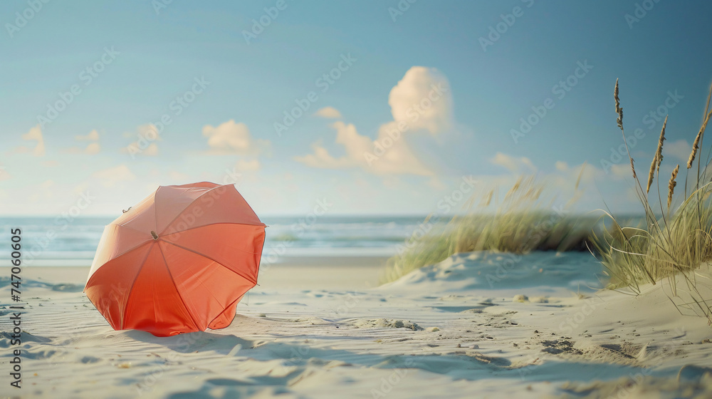 Umbrella on a sandy beach, summertime.