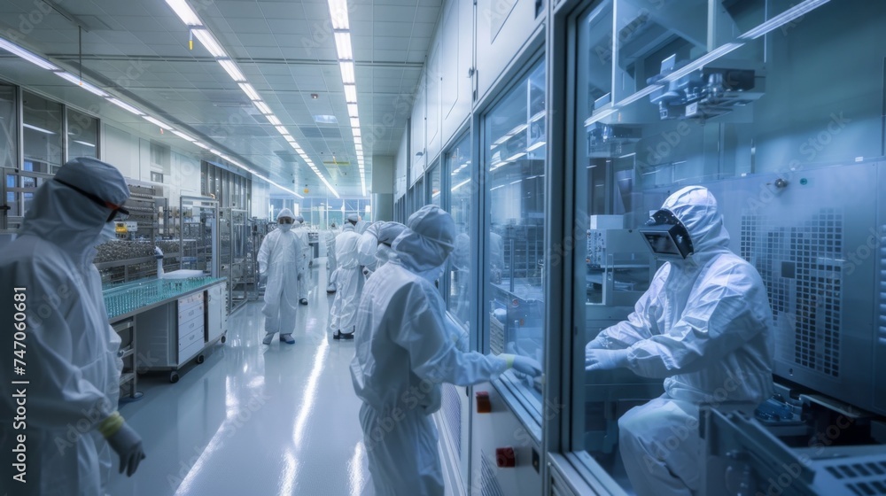Team of professionals in protective suits conducting research in a high-tech laboratory cleanroom environment. Team of professionals in protective suits conducting research in a high-tech laboratory cleanroom environment.