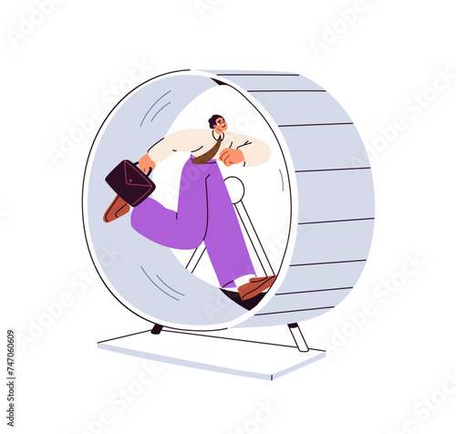 Rat race concept. Business man running in hamster wheel. Tired stressed office worker, employee rushing in endless eternal work cycle. Flat graphic vector illustration isolated on white background