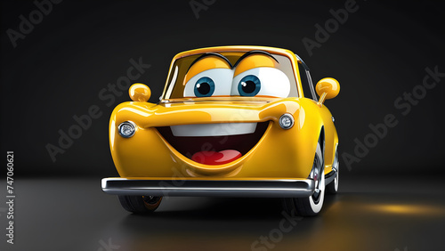 a cartoon character with a happy face funny car on a black background. illustration of a cartoon car