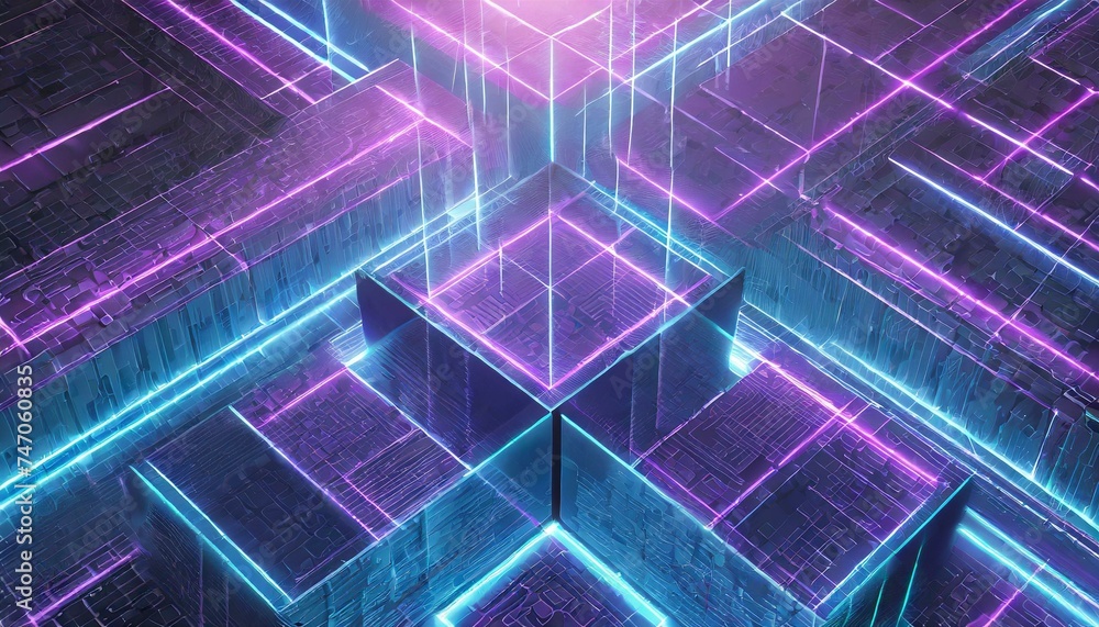 Cyber Spectrum: Abstract 3D Geometric Shapes in Blue and Lilac with Neon Accents Cyber Spectrum: Abstract 3D Geometric Shapes in Blue and Lilac with Neon Accents