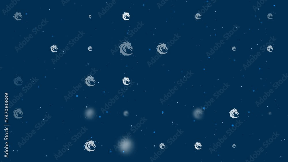 Template animation of evenly spaced dragon's head symbols of different sizes and opacity. Animation of transparency and size. Seamless looped 4k animation on dark blue background with stars Template animation of evenly spaced dragon's head symbols of different sizes and opacity. Animation of transparency and size. Seamless looped 4k animation on dark blue background with stars