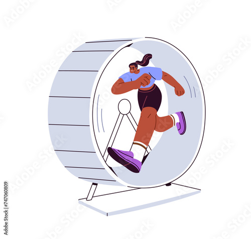 Running in hamster wheel. Woman hurrying, rushing in circle. Rat race, repetitive eternal work, monotonous routine, repetition concept. Flat graphic vector illustration isolated on white background