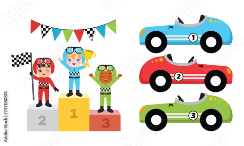 Cute racer boy celebrates win on a podium