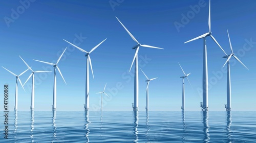 Offshore wind farm with white turbines in blue waters and skies harnessing nature s power