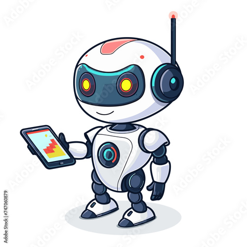 robot trader with smartphone. Cute cartoon character. Vector illustration.