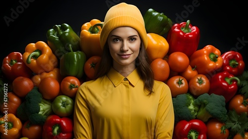 a girl with fruity bachground