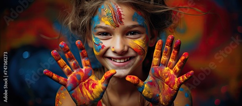 A young girl joyfully shows off her hands covered in bright and vibrant colors. Her expression exudes happiness and creativity as she proudly displays her colorful artwork.