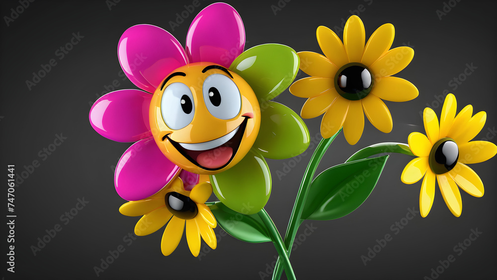 a cartoon character with happy face funny daisy flower on black background a cartoon character with happy face funny daisy flower on black background