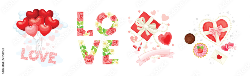 Love Symbol with Heart Balloon and Gift Box Vector Set