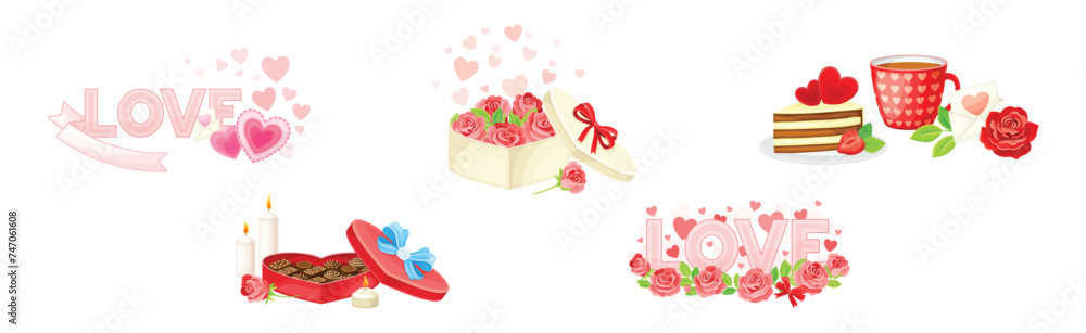 Love Symbol with Heart Gift Box and Flower Vector Set