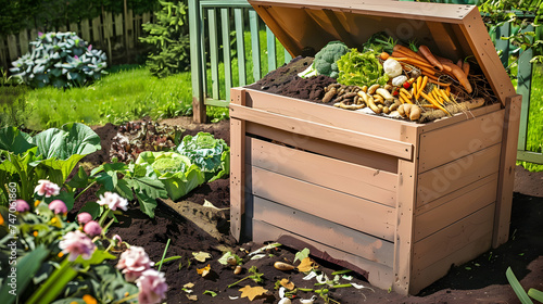 Bac à compost ouvert avec épluchures et vers de terre dans un jardin - illustration ia