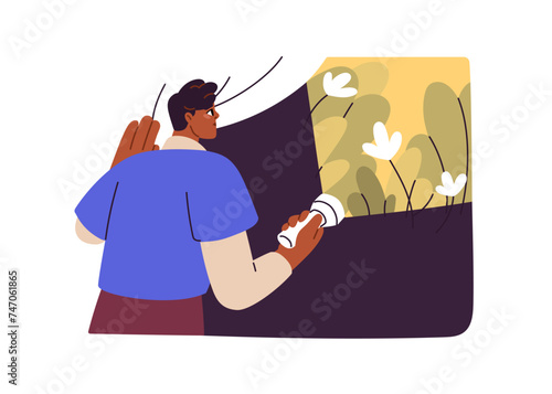 Searching, finding, discovering fortune, luck. Positive outlook, vision, curiosity concept. Optimist looking for insight, happiness, wonder. Flat vector illustration isolated on white background