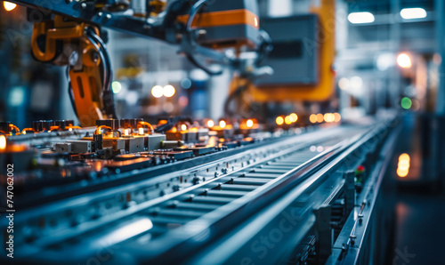 Modern automated production line in a factory with robotics and conveyor belt technology manufacturing electronics, focus on precision and efficiency
