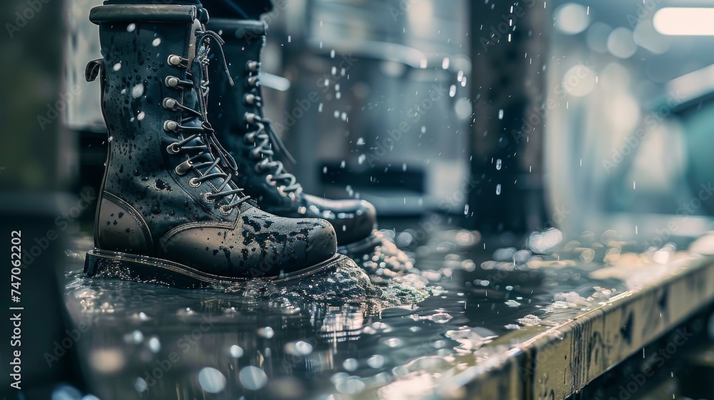 Close-up of water droplets on robust boots in an urban setting, symbolizing durability and protection. - obrazy, fototapety, plakaty 
