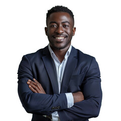 Smiling afro american business man with crossed arms, isolated transparent background