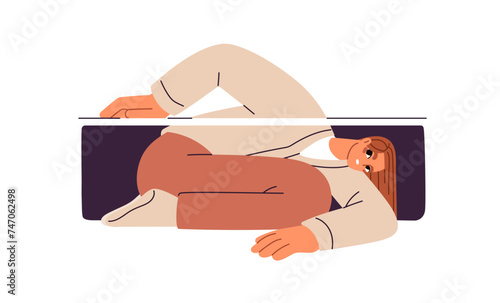 Curious person peeking, peeping, spying, looking under. Woman searching, seek...