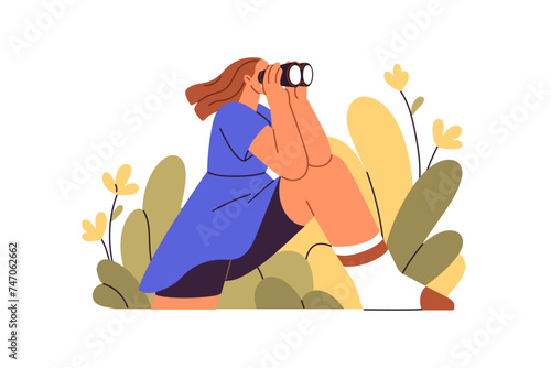Curious woman looking through binoculars, watching, exploring, searching new opportunity, aim. Vision, perspective, focus, curiosity concept. Flat vector illustration isolated on white background