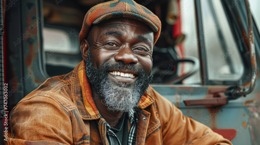 Smiling African American man in a cap and camo jacket driving a vehicle, showcasing positivity and confidence.